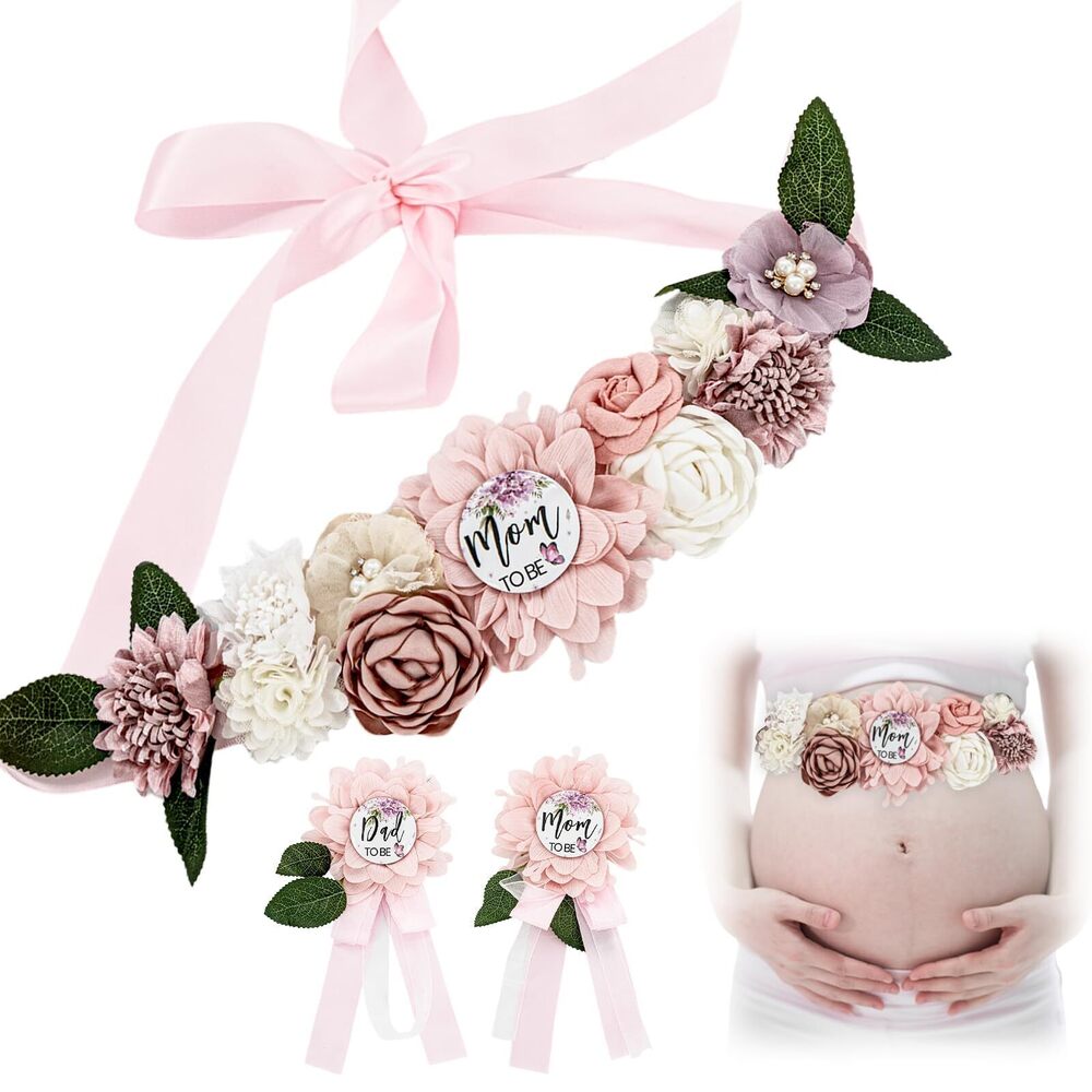 7465 Flower Sash Set Baby Shower Sash Mom to Be Daddy to Be Corsage Pin